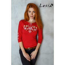 Embroidered t-shirt with 3/4 sleeves "Forest Song" silver on red